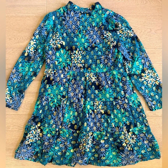NWT STS Sail to Sable Floral Silk Teal, Blue anf Gold Metallic Dress size Medium - Picture 9 of 10